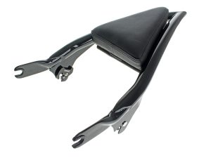 Vintage black motorcycle pillion seat with sleek design for cruiser bikes.