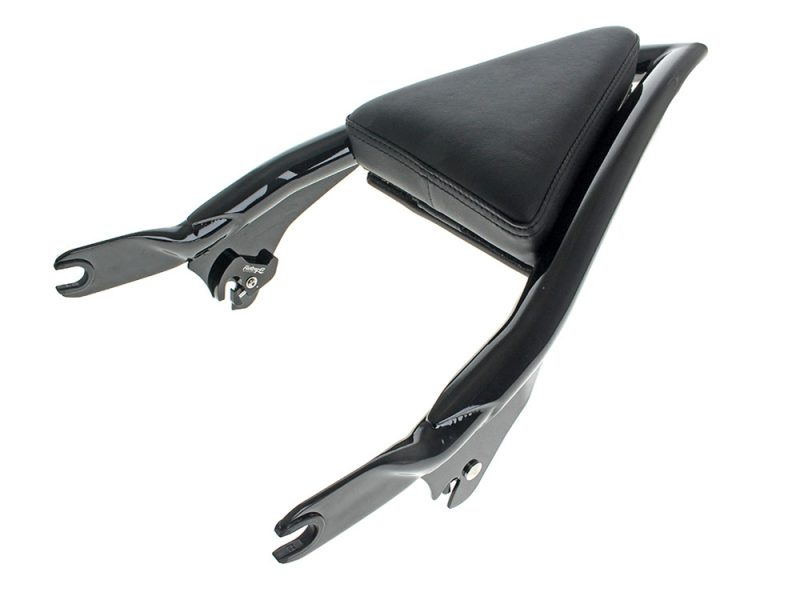Vintage black motorcycle pillion seat with sleek design for cruiser bikes.