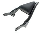 Motorcycle passenger seat with black cushioned pad and sleek black and silver frame.