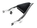 High-quality motorcycle passenger seat with quilted black leather upholstery and chrome frame. Perfect for custom Revelry Motorcycles.