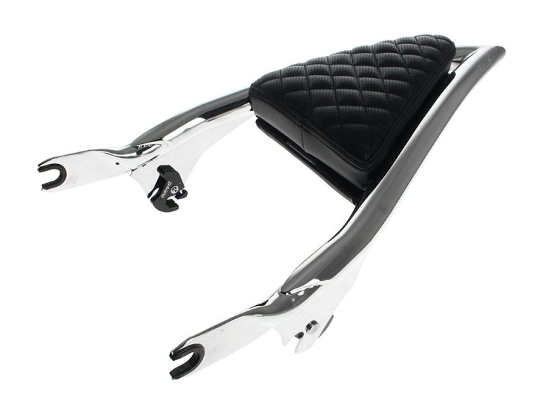 High-quality motorcycle passenger seat with quilted black leather upholstery and chrome frame. Perfect for custom Revelry Motorcycles.