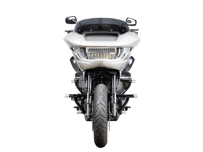 High-performance white motorcycle with sleek design and advanced LED lighting.