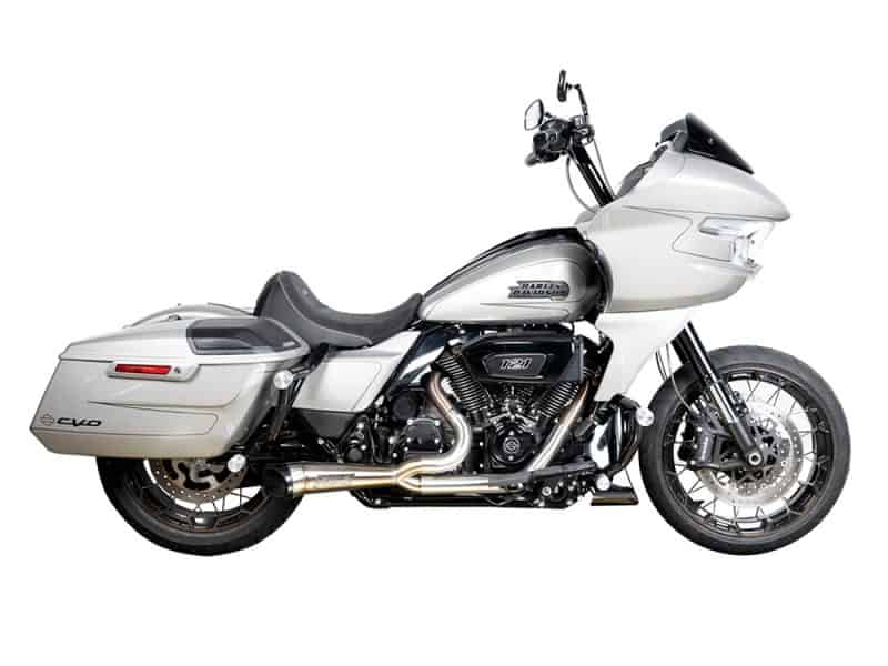 Vast white Harley-Davidson touring motorcycle with custom features and hard saddlebags for premium riding experience.
