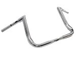 Shiny chrome motorcycle handlebars for custom bikes.