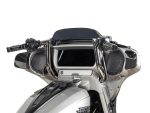 High-tech motorcycle dash with integrated speakers and digital display for Revelry Motorcycles enthusiasts.