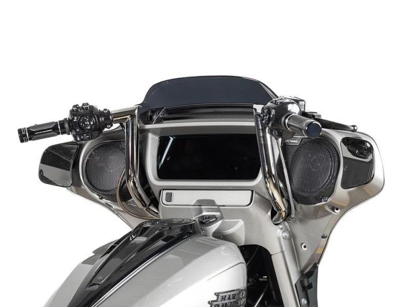 High-tech motorcycle dash with integrated speakers and digital display for Revelry Motorcycles enthusiasts.