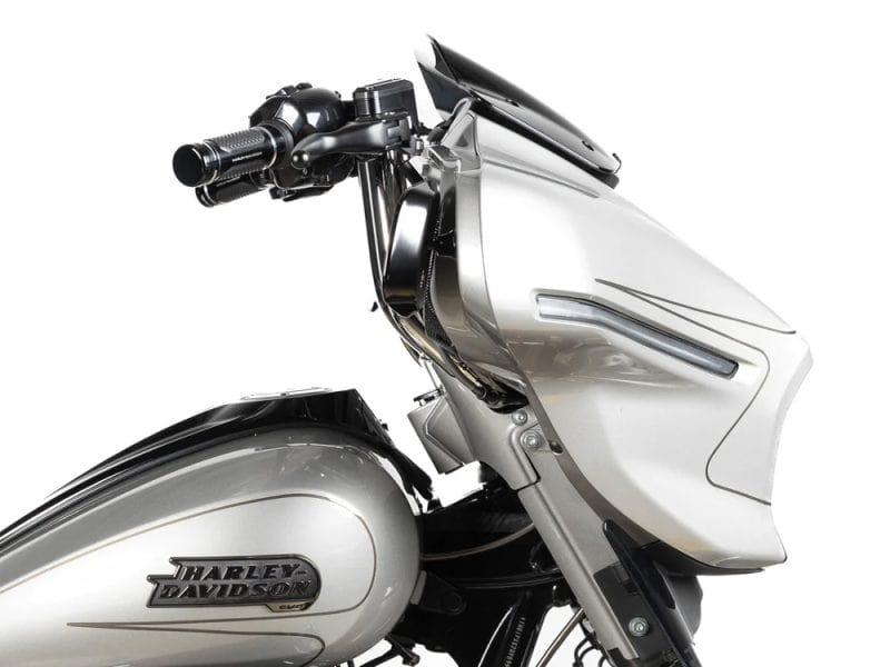 Harley Davidson motorcycle with sleek front fairing and modern design, ideal for motorcycle enthusiasts.