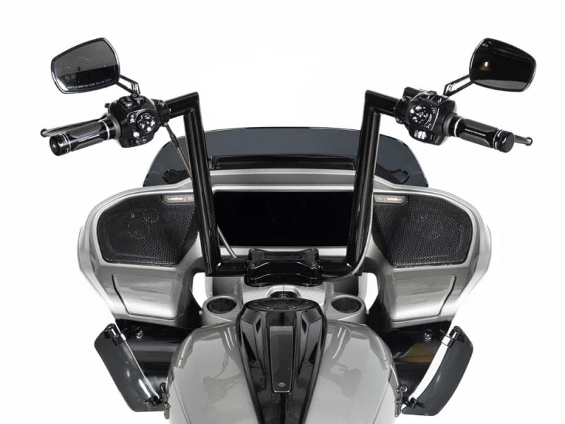 High-performance motorcycle handlebars with sleek mirrors and digital dashboard for Revelry Motorcycles enthusiasts.