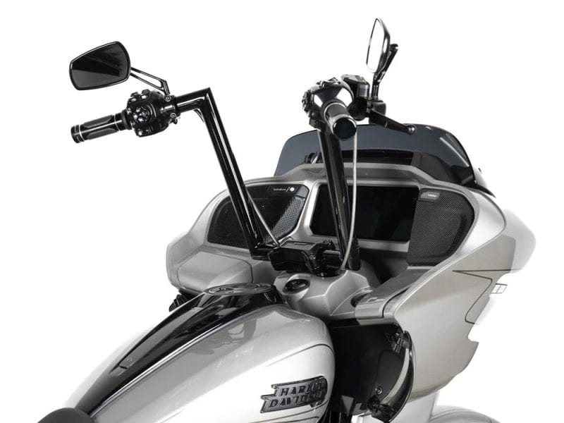 Harley Davidson motorcycle with advanced digital display and modern handlebar design.