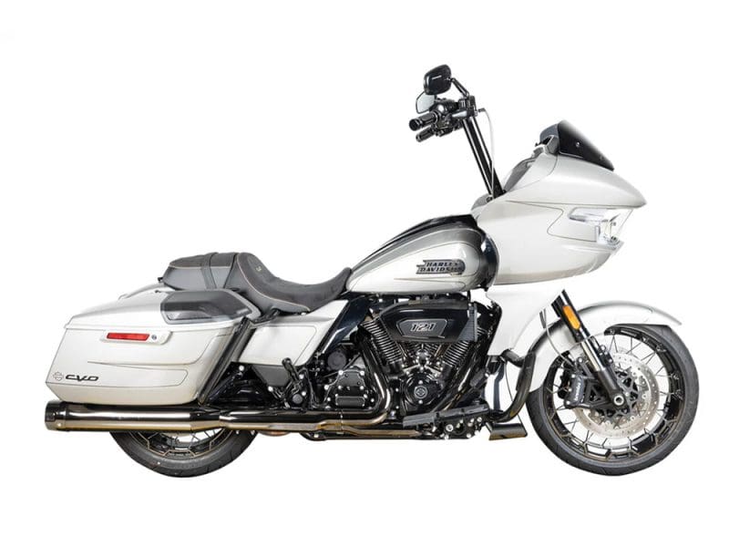 Sleek white Harley-Davidson touring motorcycle with premium features and custom accessories, ideal for long-distance rides.