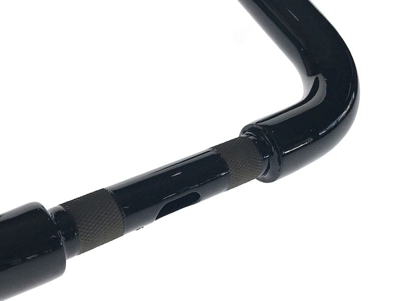 High-quality black motorcycle handlebar with textured grips for enhanced control and comfort.
