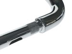 Shiny chrome motorcycle exhaust pipe with textured grip detail.
