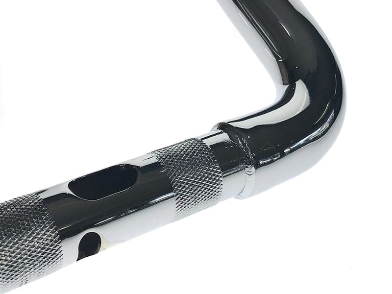 Shiny black motorcycle handlebar with textured grip for Revelry Motorcycles.