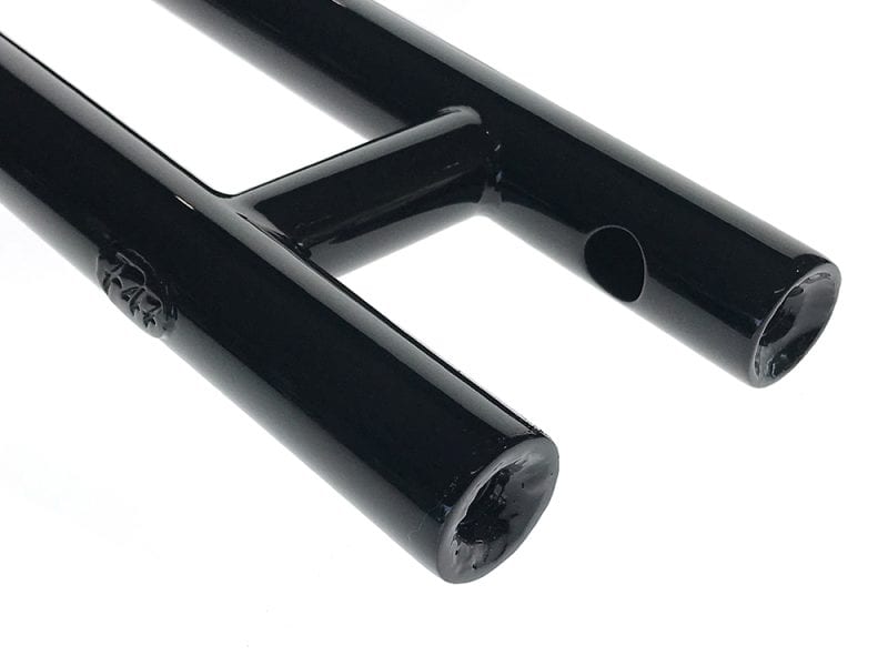 High-quality black motorcycle forks for Revelry Motorcycles, durable and precision-engineered.