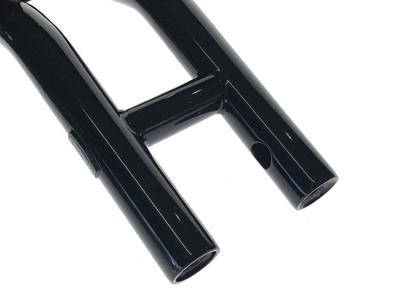 Sleek black motorcycle front fork for Revelry Motorcycles, high-quality bike suspension component.