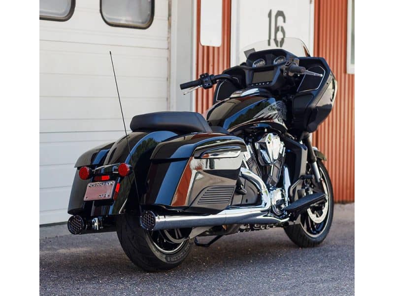 Luxury touring motorcycle with sleek black finish and advanced features from Revelry Motorcycles.