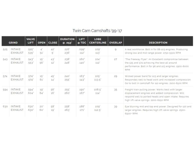 Twin cam camshafts for Harley Davidson engines, high-performance motorcycle components.