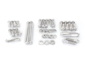 Assorted stainless steel motorcycle bolts and washers for Revelry Motorcycles.