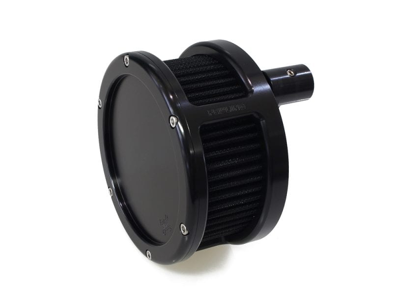 High-performance motorcycle air filter for Revelry Motorcycles, black metal and fabric design.