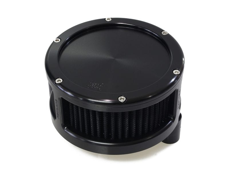 High-performance motorcycle air filter for Revelry Motorcycles, black cylindrical design.