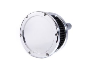 High-performance motorcycle air filter with chrome finish for Revelry Motorcycles.