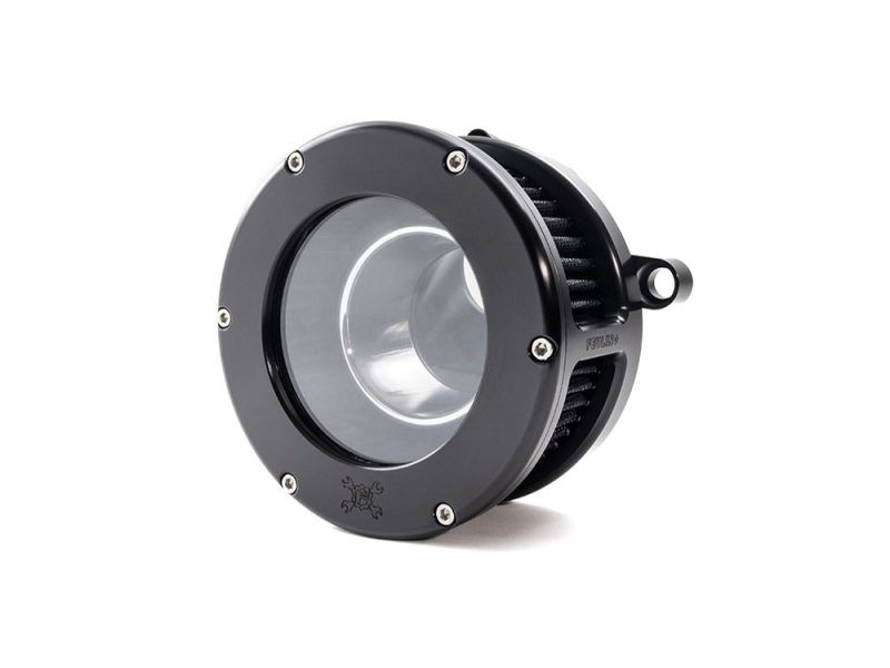 High-performance motorcycle intake filter with durable black and silver finish for Revelry Motorcycles.