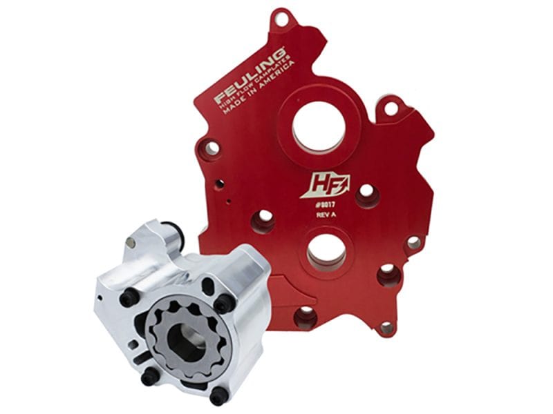 HP+ Oil Pump & Cam Plate Kit. Fits Milwaukee-Eight 2017up with Oil Cooled Engine. Aluminium motorcycle engine part with Revelry Cycles branding and bright red component for Harley-Davidson bikes.
