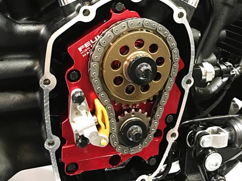 High-performance motorcycle engine timing gear and chain for Revelry Motorcycles enthusiasts.