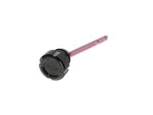 Black motorcycle oil fill cap with Revelry logo and pink dipstick, suitable for motorcycle maintenance and custom bikes.