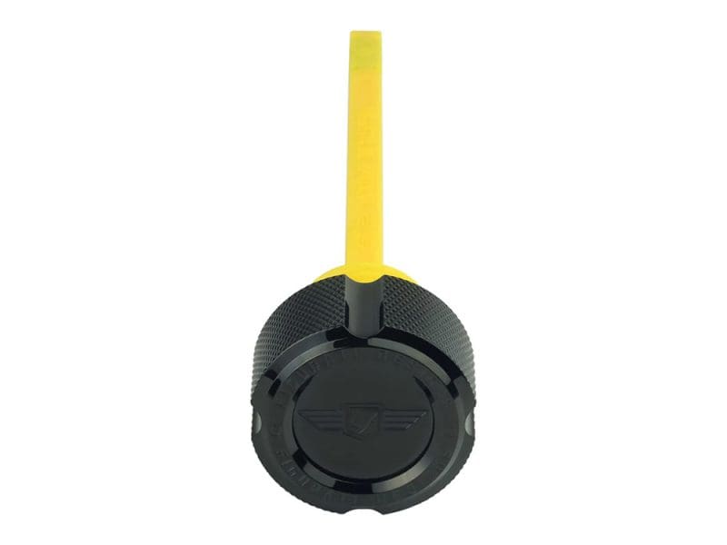 Yellow Revelry motorcycle brake fluid reservoir cap with integrated measuring tool.