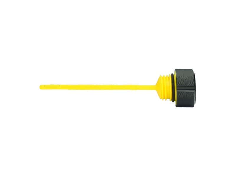 High-visibility yellow oil fill cap with black plastic base for motorcycle engine maintenance.