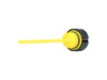 Bright yellow motorcycle oil filler cap with dipstick for Revelry Motorcycles.