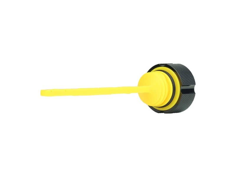 Bright yellow motorcycle oil filler cap with dipstick for Revelry Motorcycles.