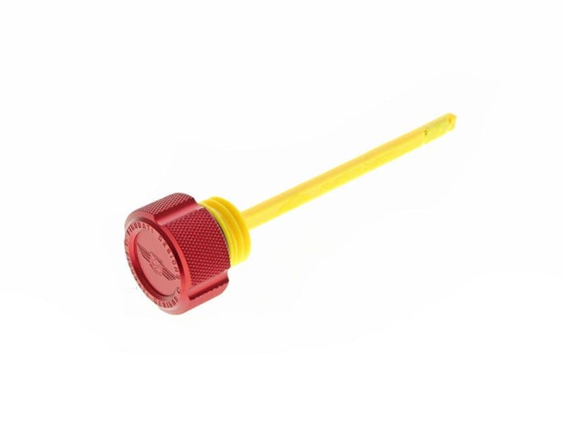 Magnetic Engine Oil Dipstick - Red. Fits Touring 2017up Red oil cap with yellow dipstick for motorcycle engine maintenance.