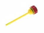 Yellow KTM oil cap with red knurled grip for motorcycle engine maintenance.