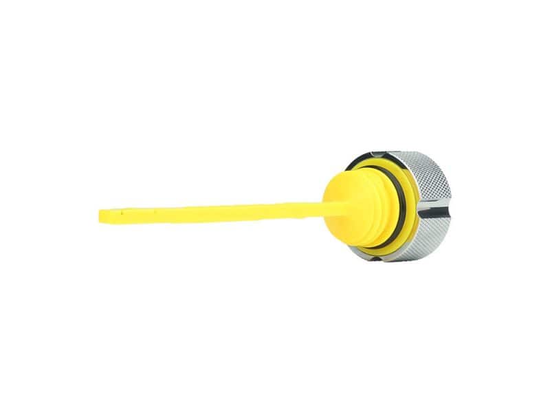 Yellow motorcycle safety fuel cap with vent tube for Revelry Motorcycles.