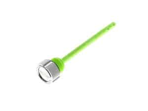 Bright green Revelry Motorcycles fluorescent tire pressure gauge for motorcycle maintenance and safety.