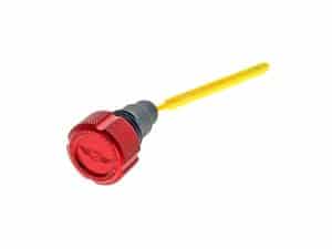 Red motorcycle valve cap with logo and yellow valve removal key for bike maintenance.