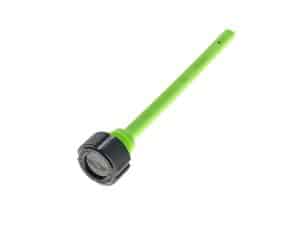 Bright green valve stem cap with textured grip for motorcycle wheels, styled by Revelry Motorcycles.