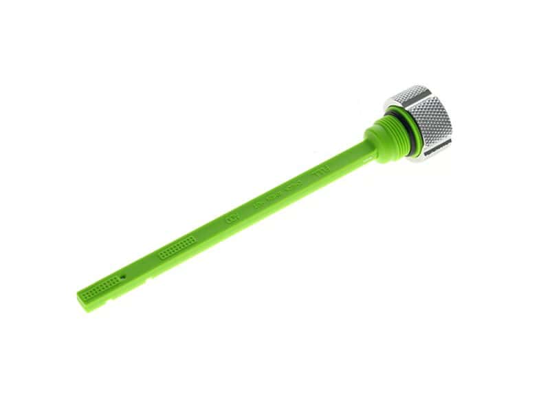 Green motorcycle fluid cap injector, motorcycle maintenance part, Revelry Motorcycles.