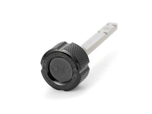 Black motorcycle fuel cap with textured grip, compatible with cruiser and custom bikes.