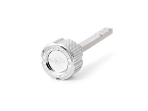 ALt text: Revelry Motorcycles chromed fuel cap with logo detail and textured grips.