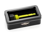 Bright yellow motorcycle tire lever inside black Revelry Designs branded storage box for motorcycle maintenance.