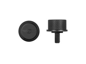 Revelry Motorcycles bar end cap and bolt set for custom motorcycle handlebars, durable black finish.