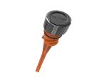 High-performance motorcycle oil drain plug with aluminium knurled cap and orange rubber seal.