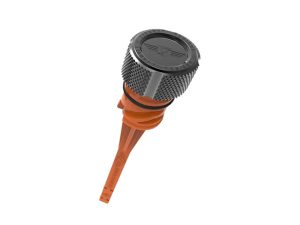 High-performance motorcycle oil drain plug with aluminium knurled cap and orange rubber seal.