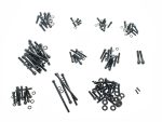 Assorted black motorcycle bolts and washers for custom bike builds and repairs.