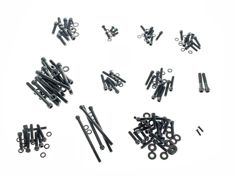 Polished Allen Head Show Bike Kit - Black Stainless Steel. Fits Milwaukee-Eight 2017up Assorted black motorcycle bolts and washers for custom bike builds and repairs.