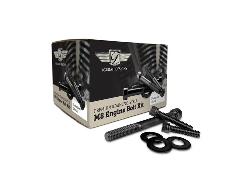 High-quality black stainless steel M8 engine bolt kit for motorcycle repair and customization.