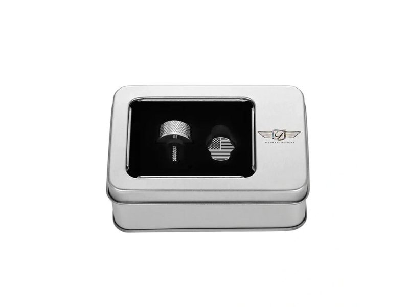 Polished motorcycle accessories in a metal tin box for Revelry Motorcycles Australia.